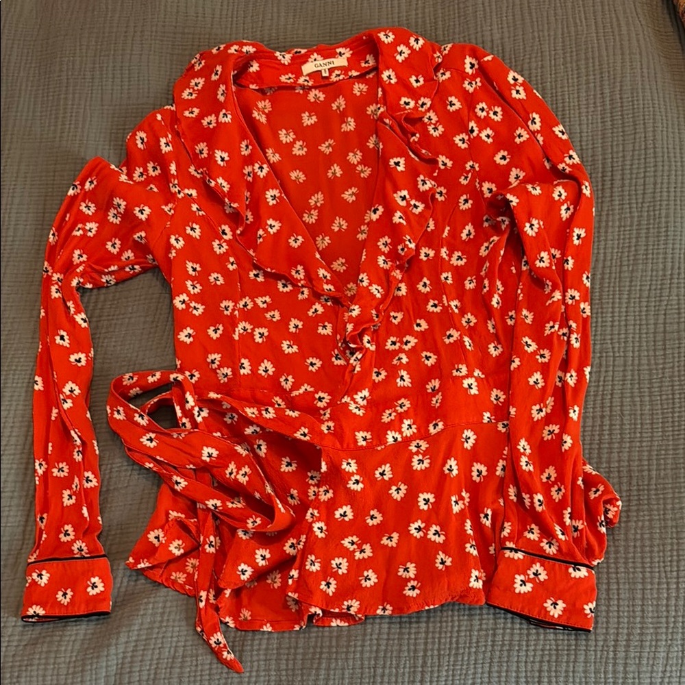 Ganni Floral Red Wrap Top, size 34
